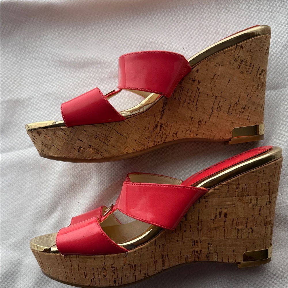 Marc Fisher Vibrant Pink (Coral) and Gold Wedge Sandals - Size 9